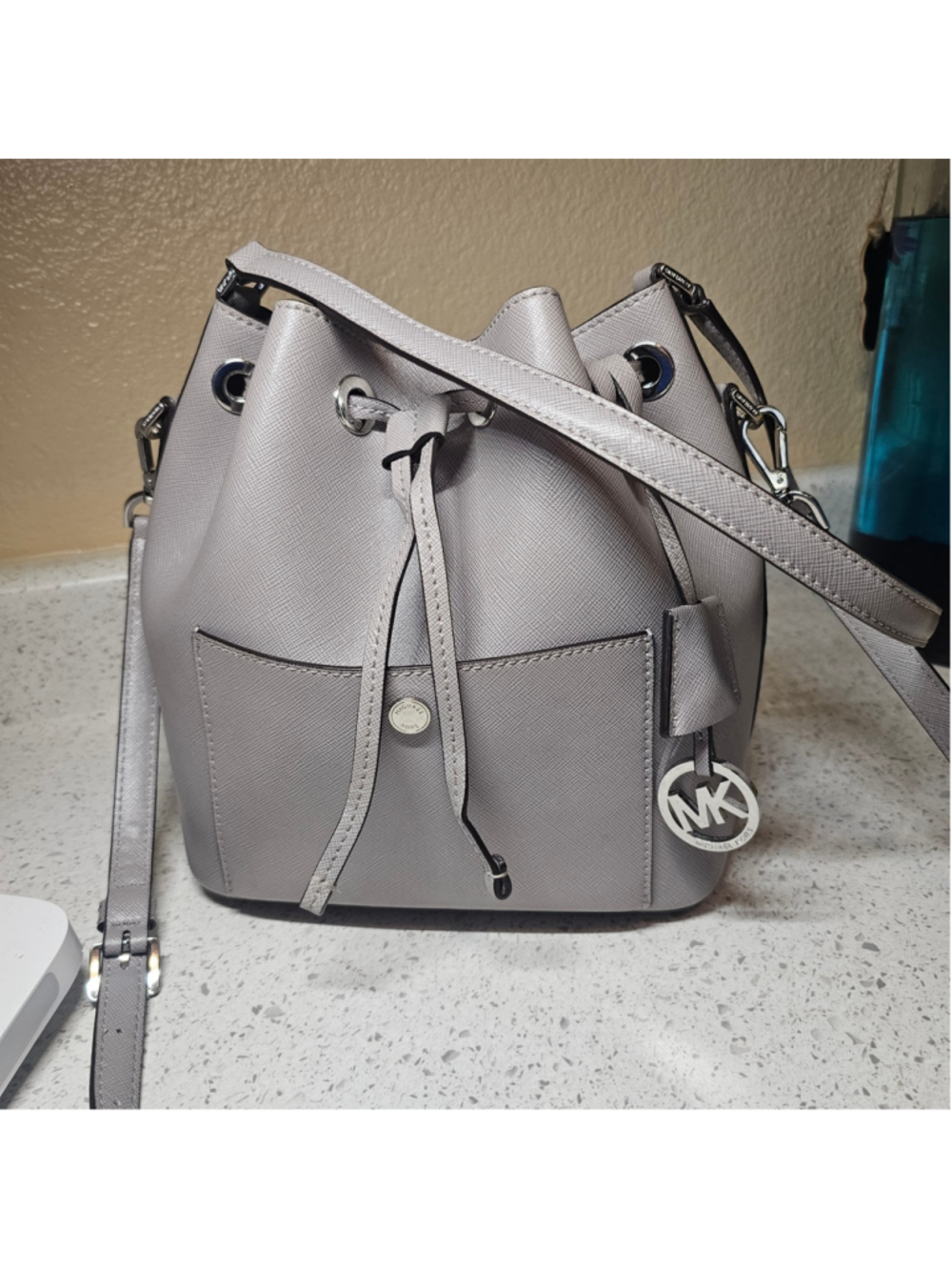 Michael Kors Grey Saffiano Leather Suri Bucket Bag